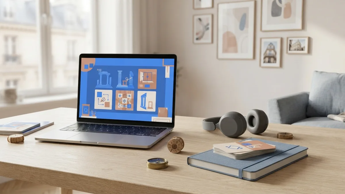 Digital escape room concept with virtual clues, coded objects, and a connected game path