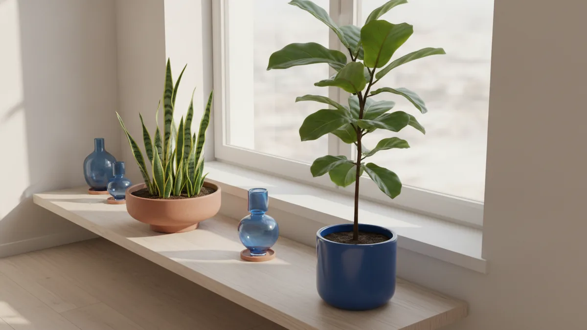 Indoor plants placed near a bright window and slightly back on a console