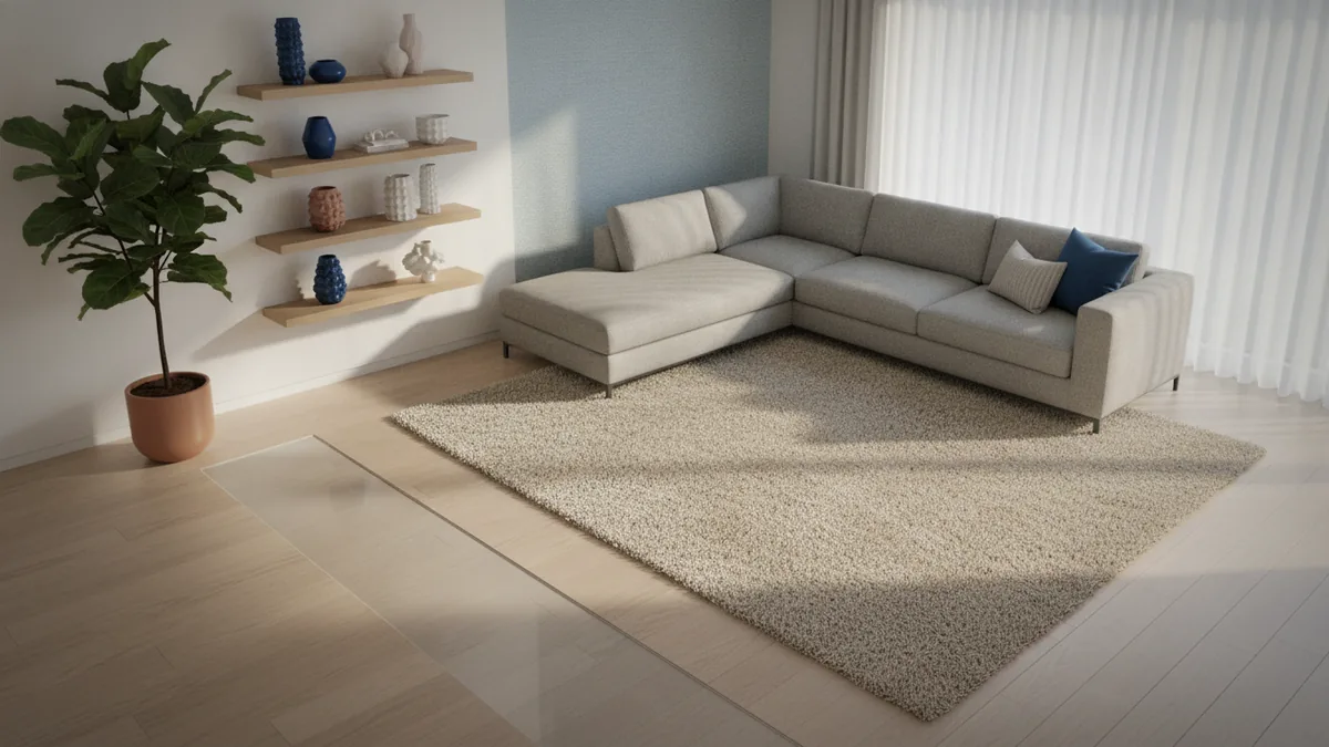 Living room layout showing corner, shelf, and walkway-friendly plant placement