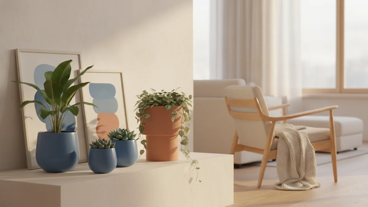 Grouped indoor plants styled with decor elements like frames, lamps, and throws