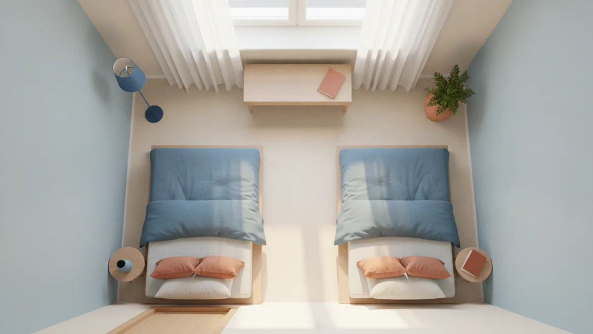 Room layout concept for dividing one space into two functional bedroom areas