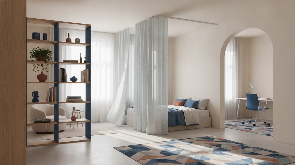 Curtains and furniture create two distinct bedroom zones in one room