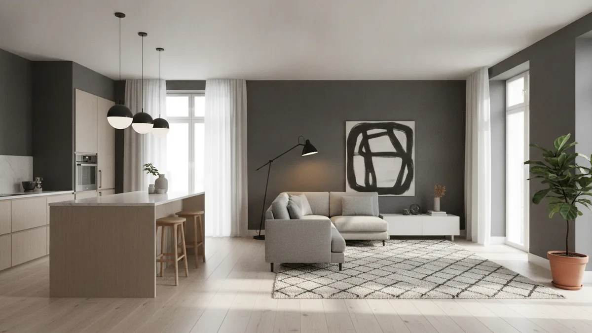 Open plan living and kitchen zones defined by rug and lighting