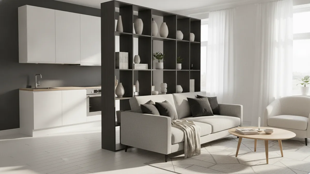 Furniture dividers that keep light flowing Bookcase and sofa creating a flexible divider between kitchen and living