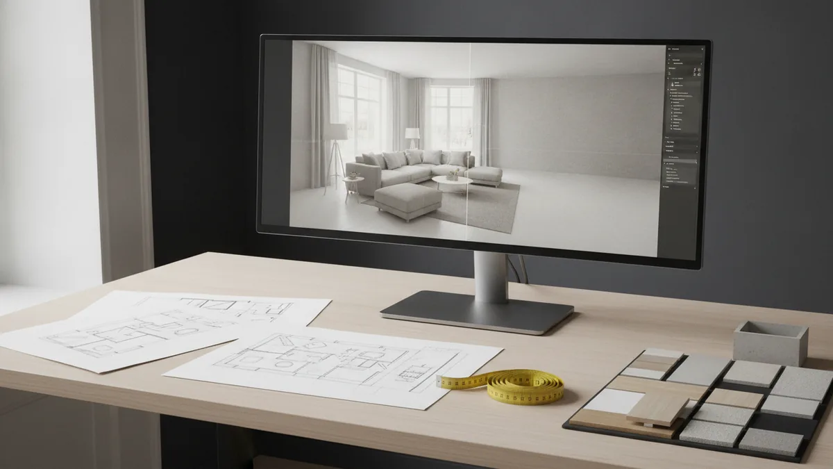 Design workspace with sketches and material samples for 3D interior rendering