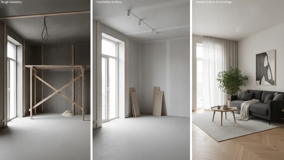Room blockout to detailed finish workflow shown through lighting and depth