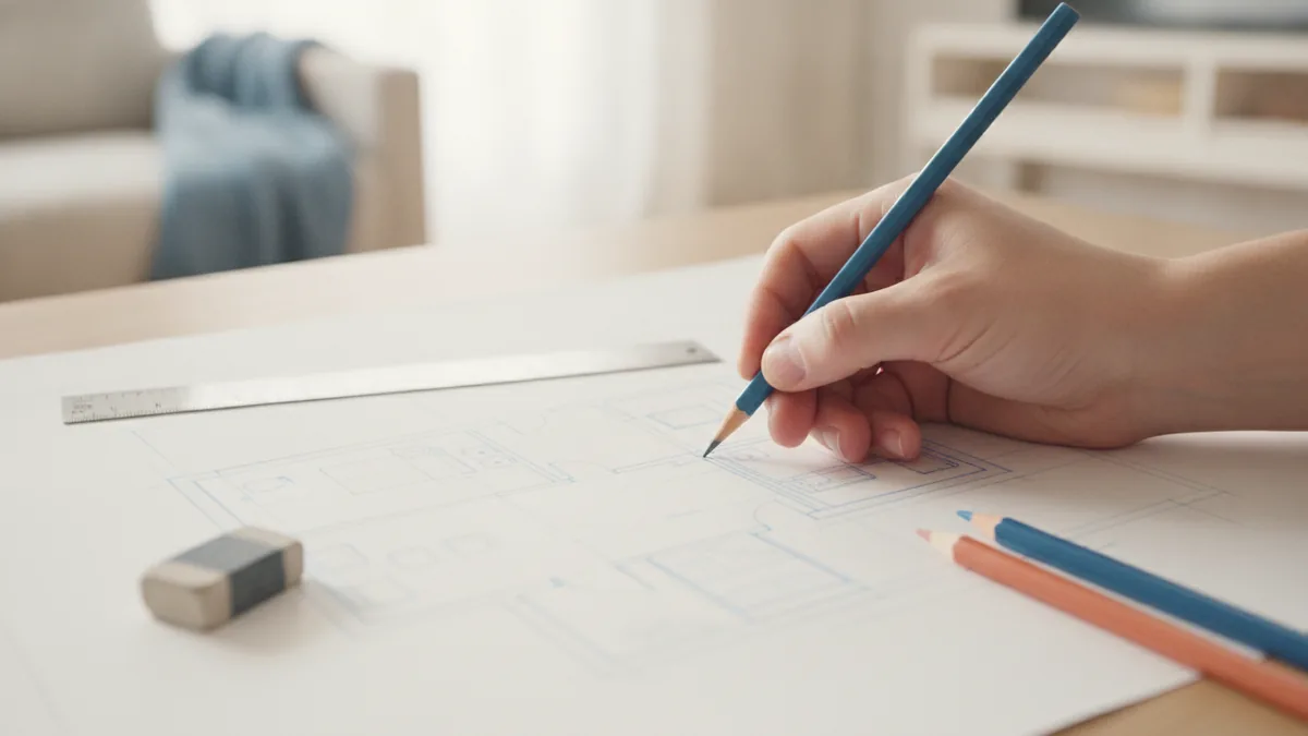 Clean lines with simple tools Drawing light construction lines with a pencil on plan paper