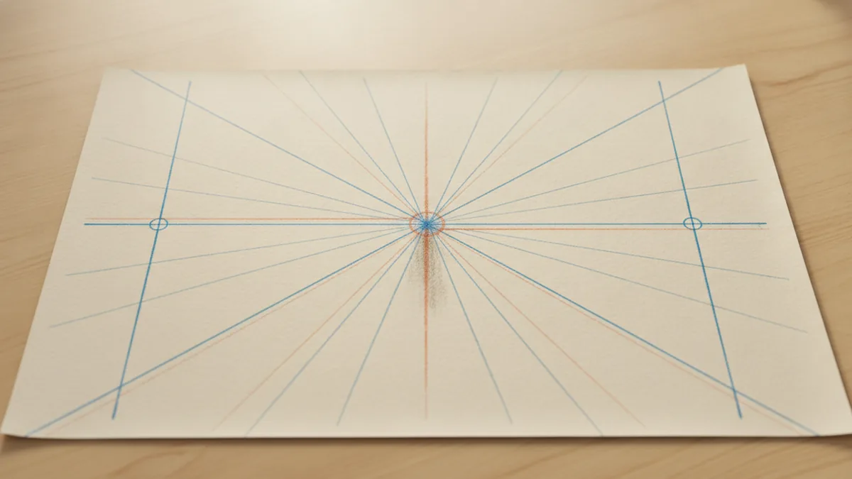 Vanishing points for depth Perspective sketch showing horizon and converging vanishing points