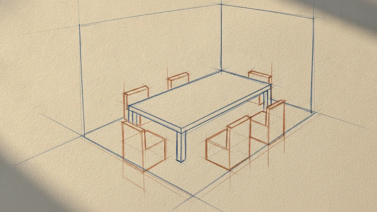 Simplified furniture forms blocked in for a room sketch