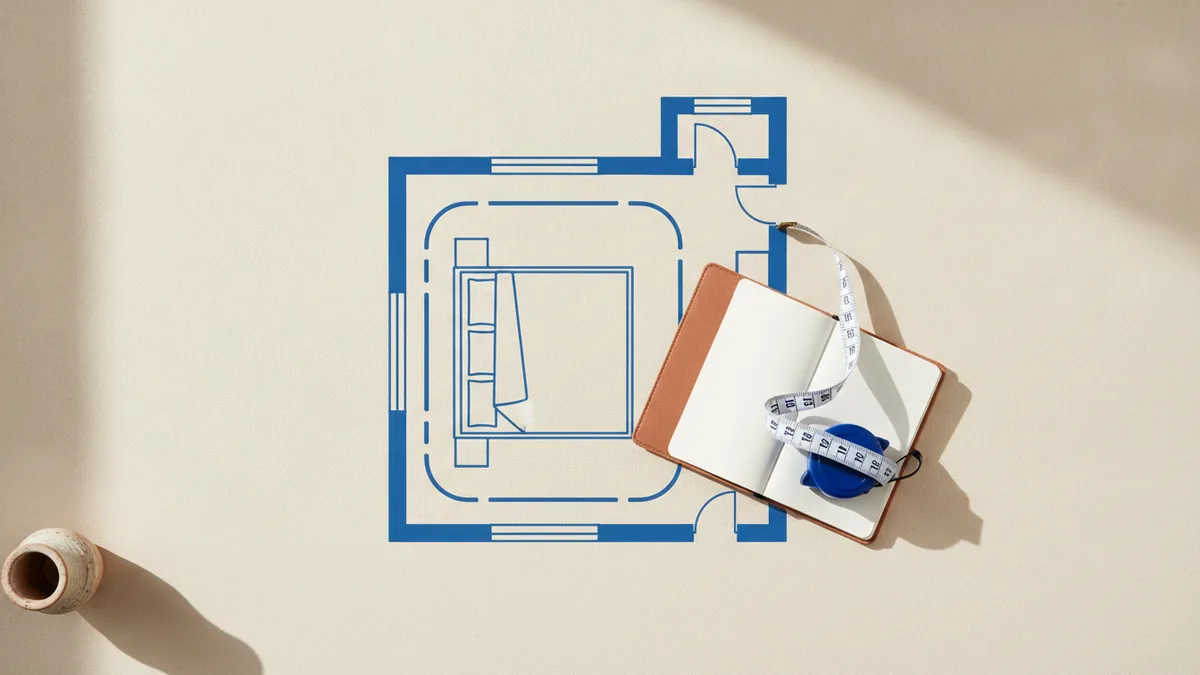Measuring tape and notes used to plan room layout for a king bed