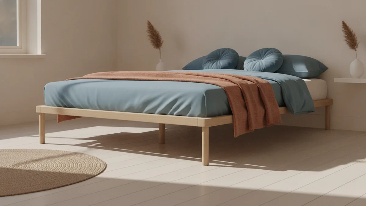 Low-profile bed frame with thin legs that keeps the room visually open