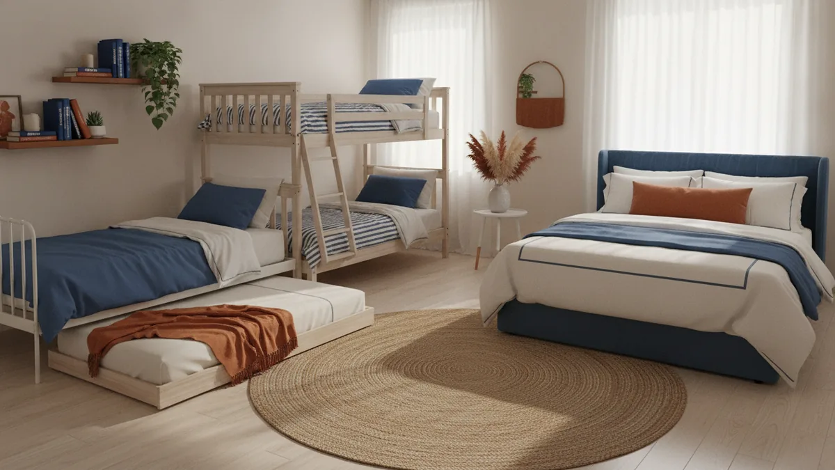 Twin, bunk, trundle, and full bed options shown in a compact bedroom setting
