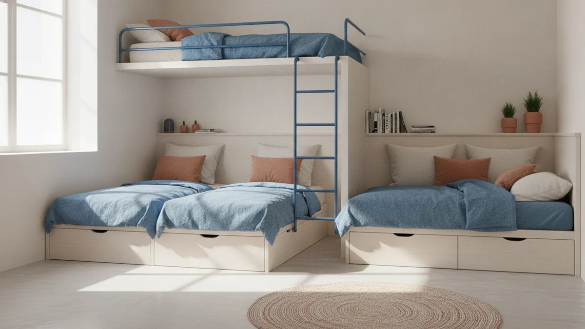 Small room bed layouts Small bedroom with side-by-side, corner, and bunk bed layouts