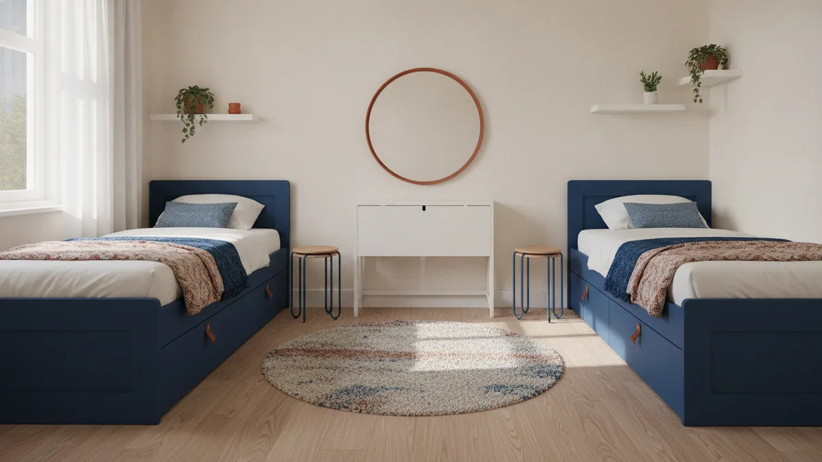 Multi-use bedroom furniture Compact bedroom using storage beds, a fold-down desk, and slim furniture