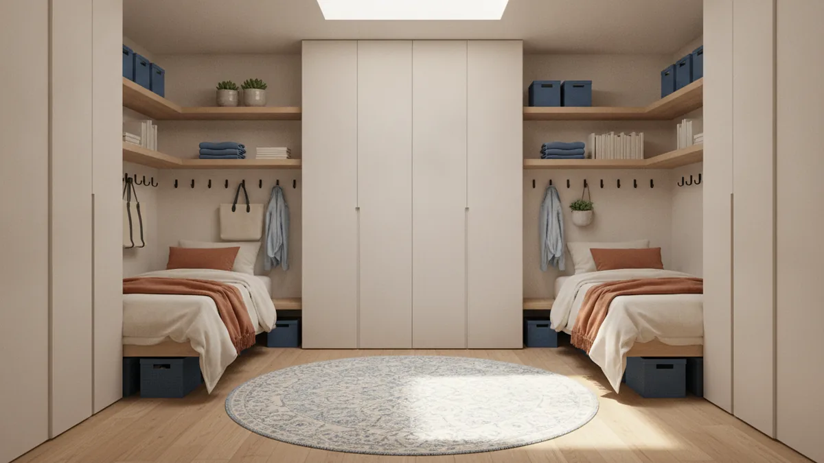 Small bedroom with shelves, wall cabinets, hooks, and tall storage units