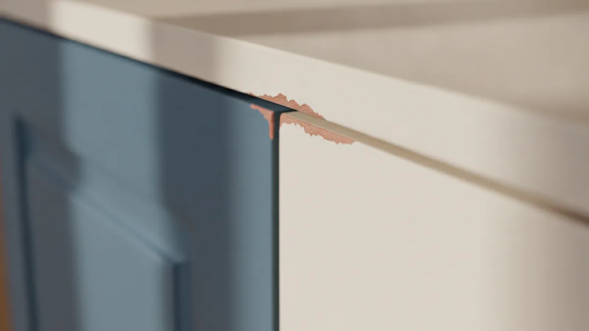 Spot the damage type Close-up of chipped cabinet paint edges to help spot the type of failure.