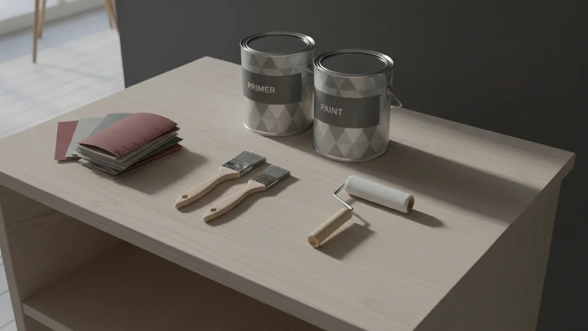 Sandpaper, brushes, primer, and paint tools for cabinet refinishing
