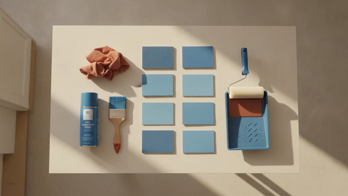 Tools and materials Paint repair supplies for cabinet refinishing, including sanding and applicators.