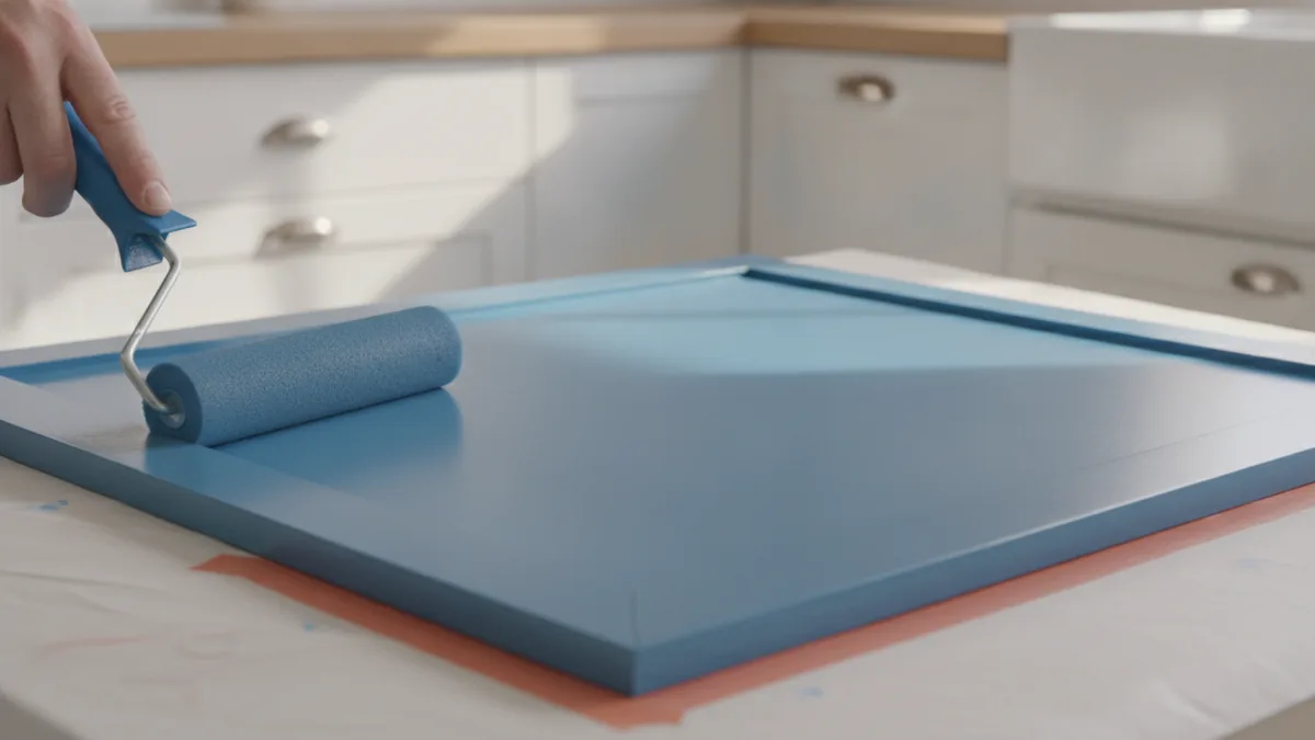 Smooth application technique Applying thin paint coats to a cabinet door for a smoother, blended repair.