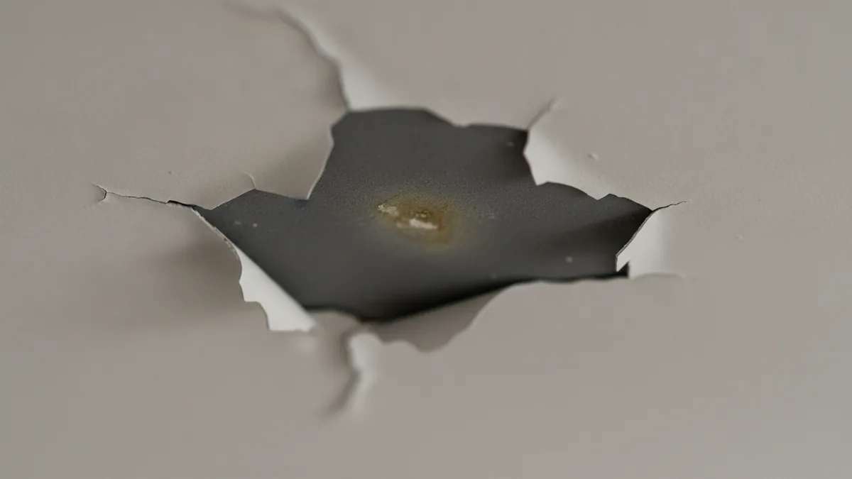 Close-up of peeling paint layers on a bathroom ceiling