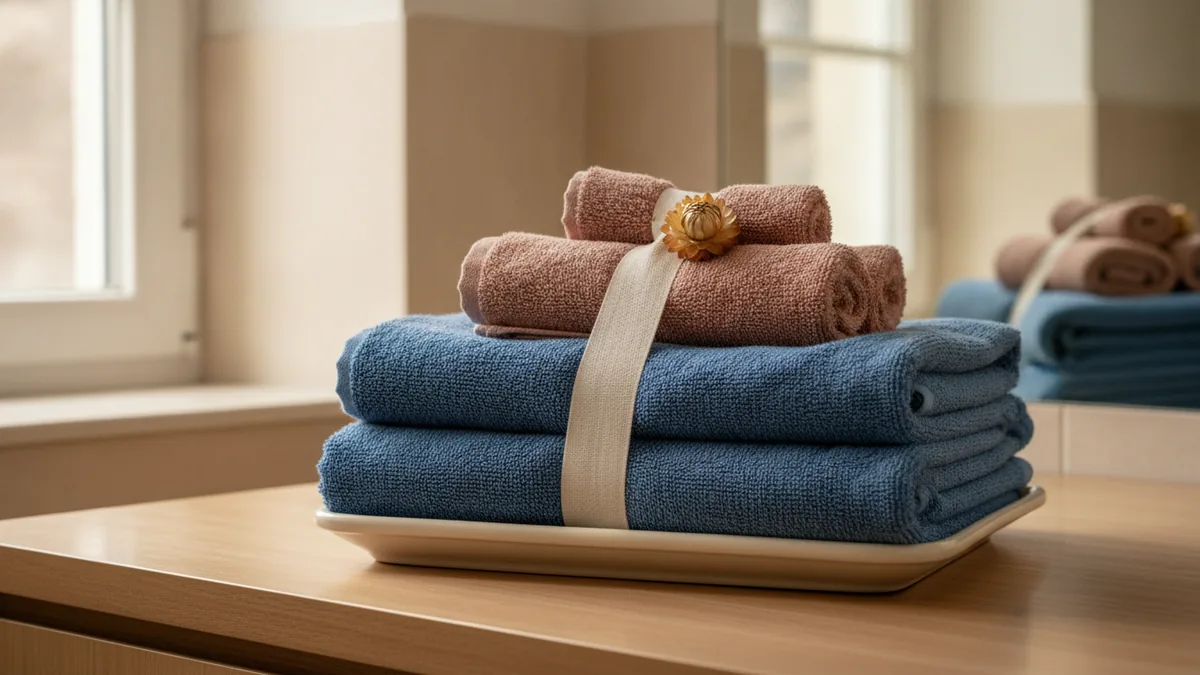 Layered bath and hand towels arranged on a tray with a ribbon
