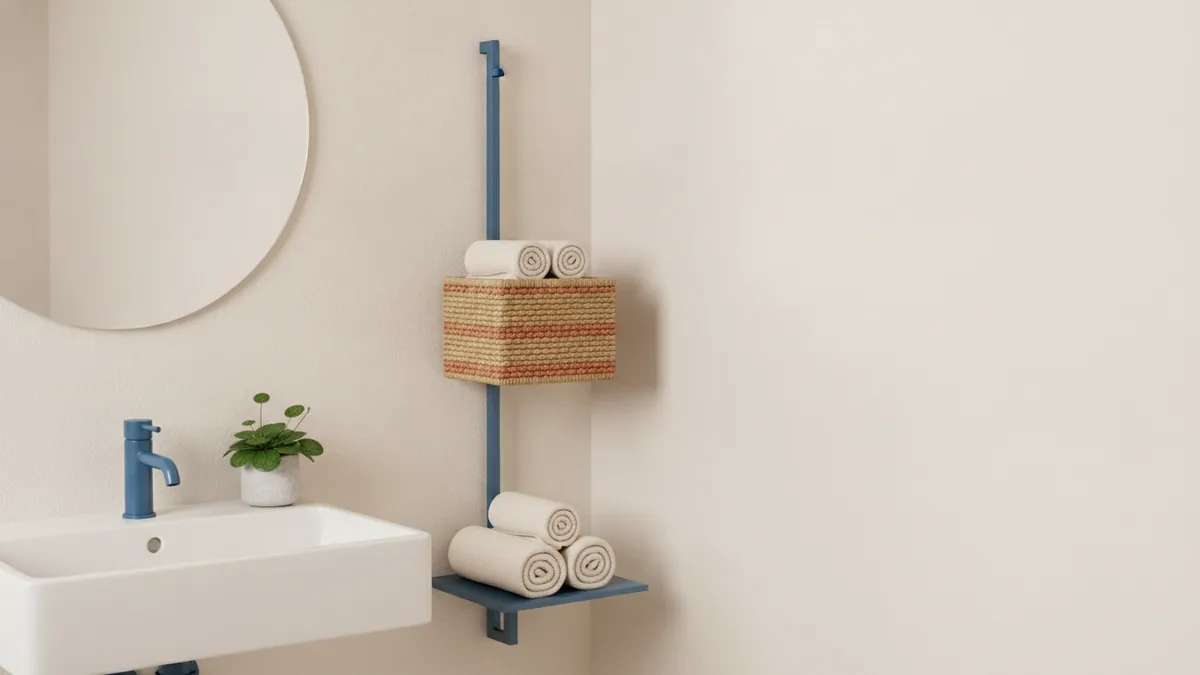 Slim basket and wall rail holding towels in a compact bathroom