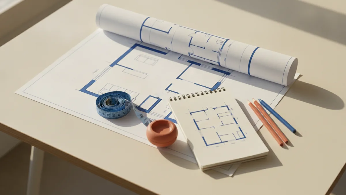 Desk setup showing measurements and a simple living room floor plan