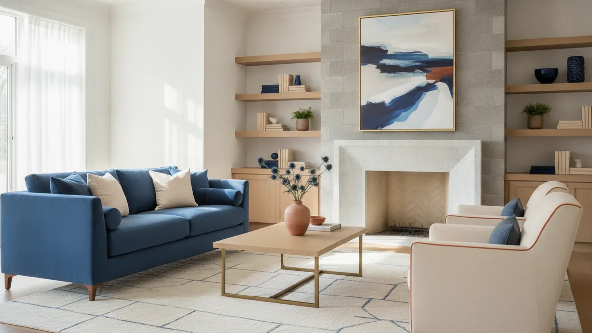 Sofa and chairs arranged toward a fireplace with balanced spacing