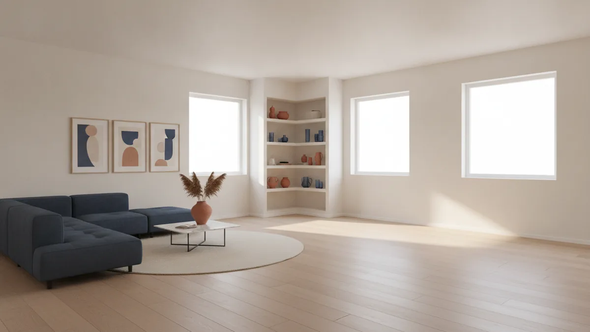Empty L-shaped room showing inner corner and walkway space