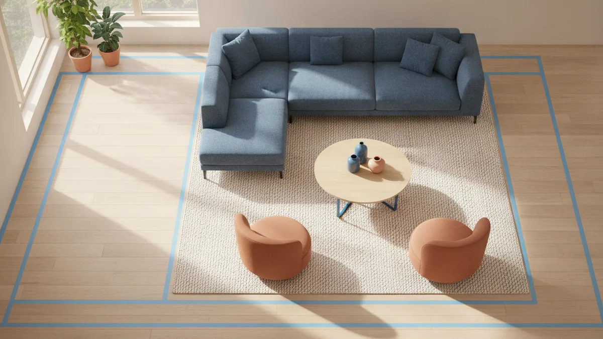 Zoning concept for an L-shaped living room with clear traffic paths
