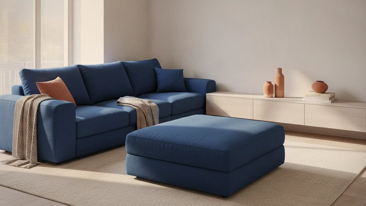 Modular sectional and storage ottoman arranged to fit an L-shaped living room