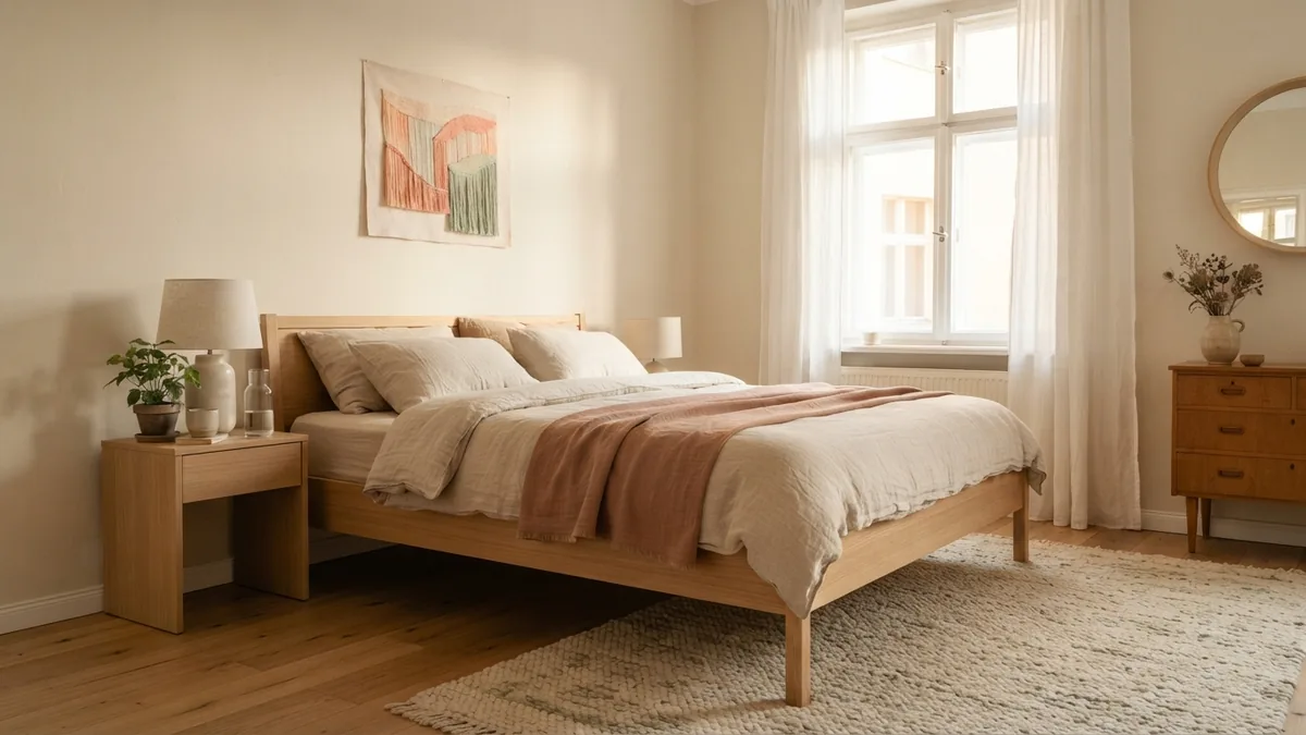 Simple first apartment bedroom with a pale wood bed and neutral linen bedding