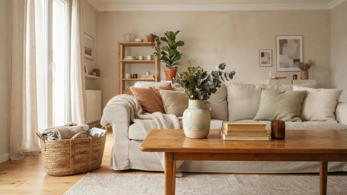 Secondhand apartment furniture Secondhand wooden table and affordable sofa in a warm European apartment