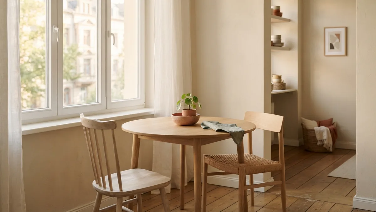 Affordable apartment dining corner Compact affordable dining area with a light wood table and two chairs