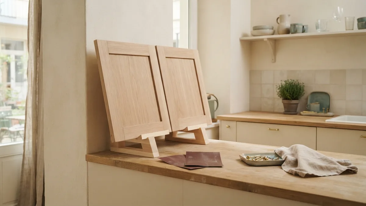 Preparing cabinet doors for paint Detached kitchen cabinet doors prepared for sanding in a tidy bright home workspace