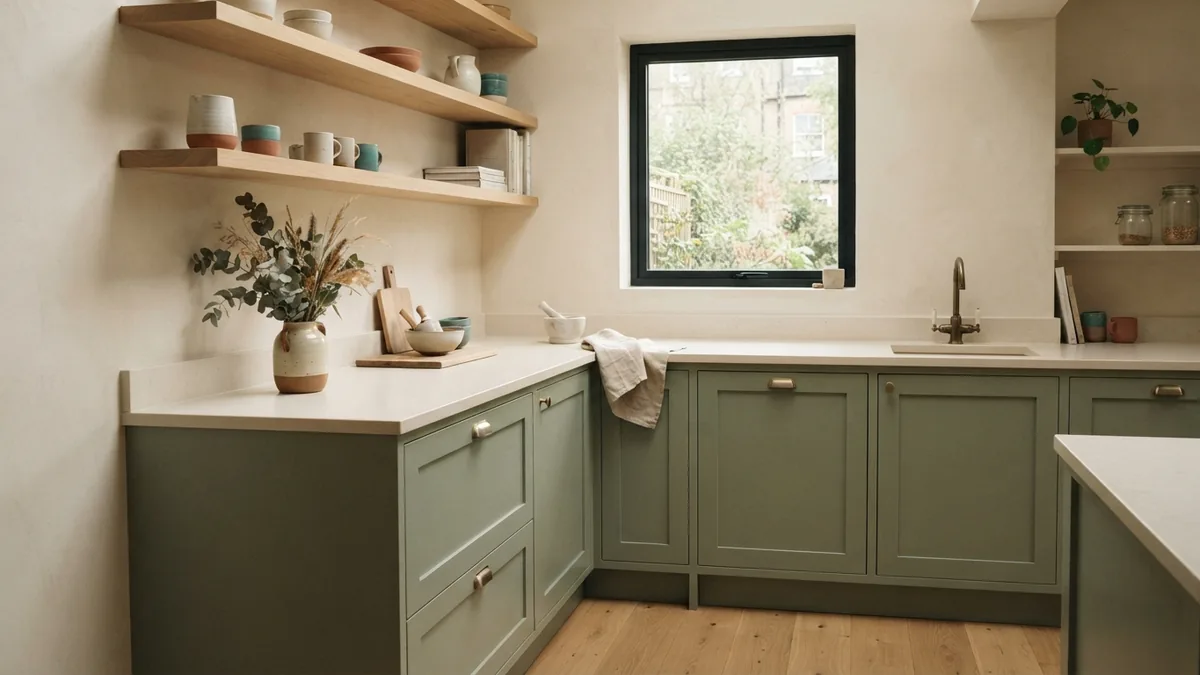 Choosing a satin cabinet finish Satin sage kitchen cabinets with warm cream walls and pale oak details in daylight