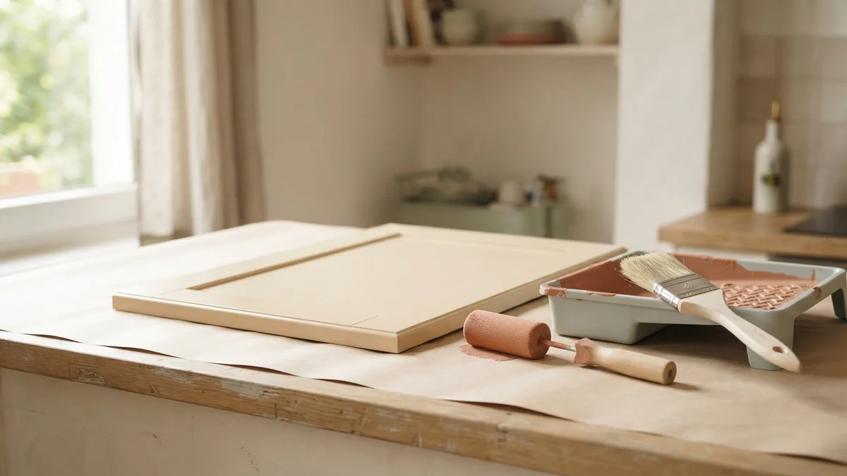 Cabinet painting tools and technique Foam roller and brush beside a cabinet door during a smooth painting project