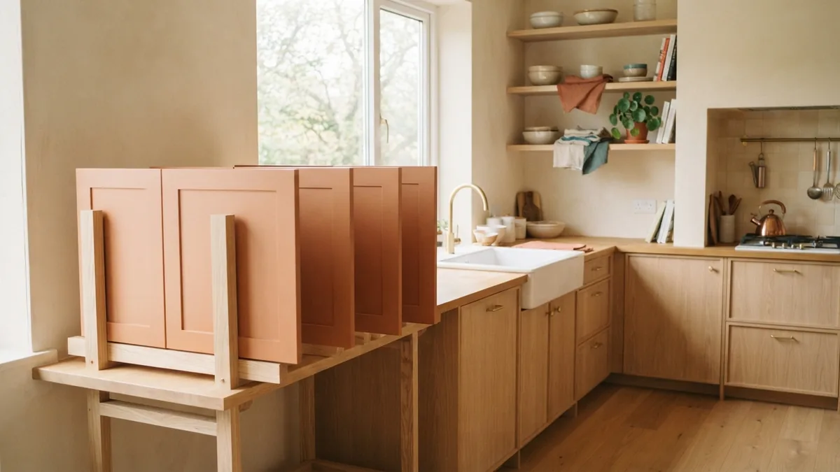 Freshly painted cabinet doors drying on supports in a warm Scandinavian kitchen