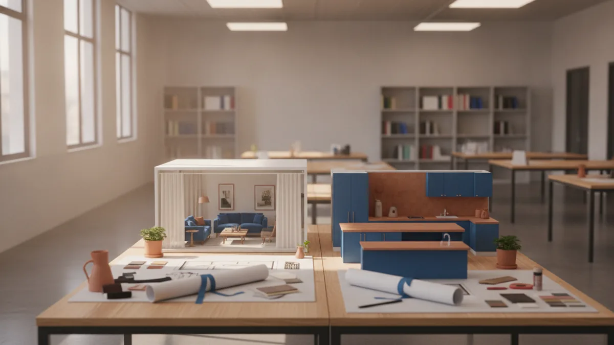 Interior design classroom setup showing accredited training materials