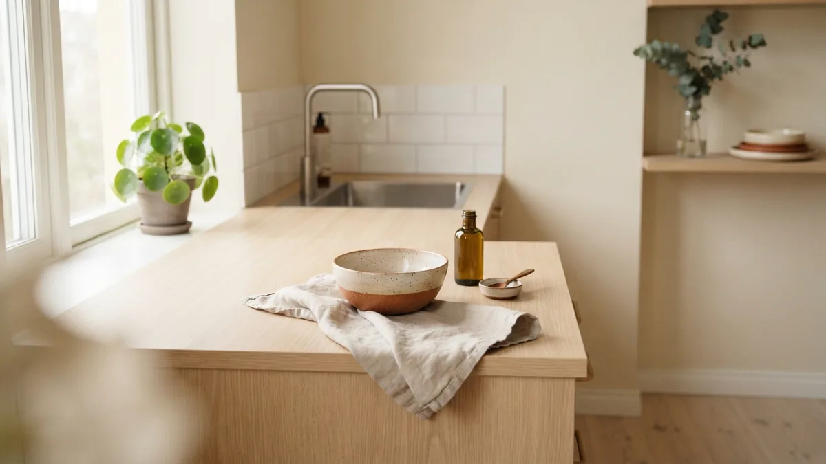 Tidy Scandinavian kitchen counter with a clean sink, linen cloth, and simple ceramic bowl