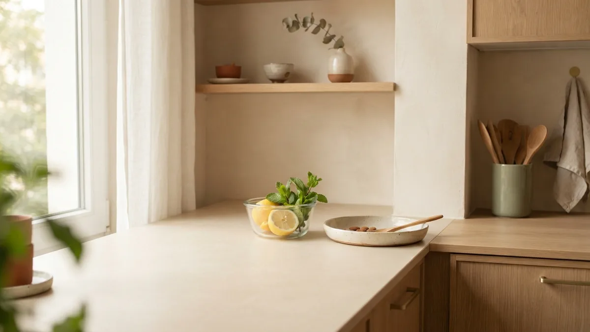 Japandi kitchen corner with lemon, fresh mint, and a clean pale counter