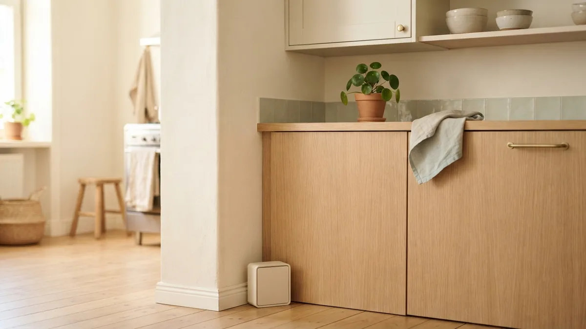Ant bait beside a kitchen cabinet Enclosed ant bait station placed safely beside a clean kitchen cabinet wall edge