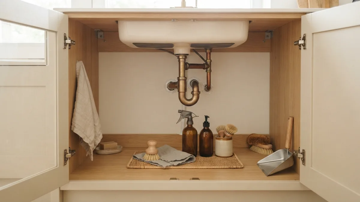 Dry under-sink cabinet with sealed pipe gaps and neatly arranged kitchen cleaning tools