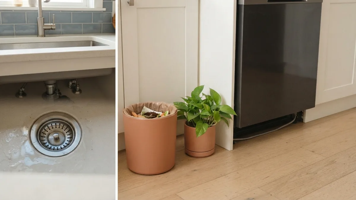 Common kitchen fly breeding spots Kitchen inspection showing a sink drain, waste bin, plant pot, and damp areas