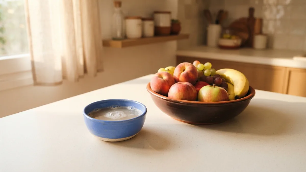 Apple cider vinegar and dish soap trap beside fruit in a clean kitchen