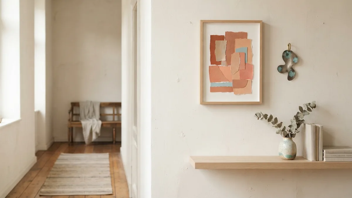 Paper placement guide beside metal wall art on a cream plaster hallway wall