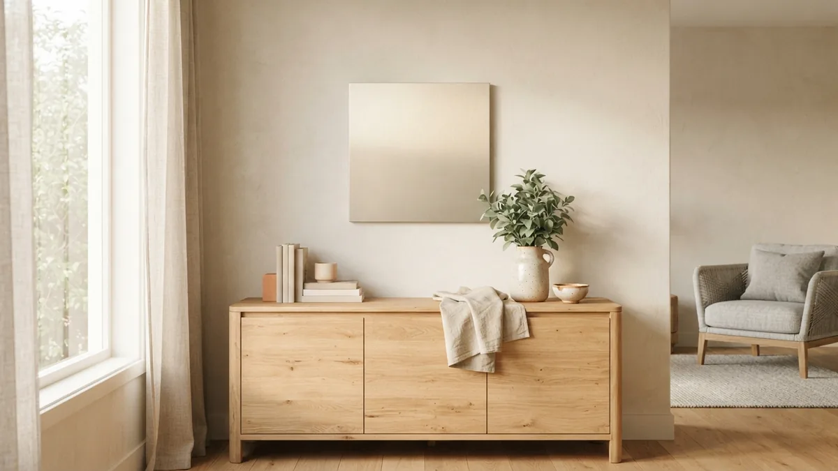 Light metal panel with safe wall support Light metal wall panel mounted above an oak sideboard in a Japandi room