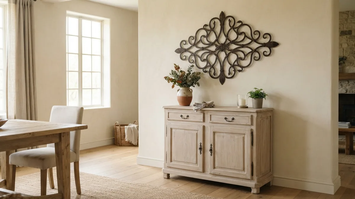Deep wrought iron wall piece mounted above a pale wood cabinet