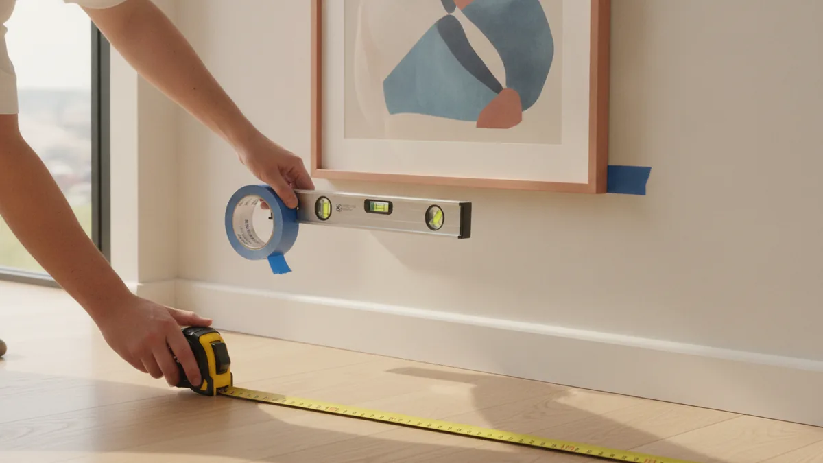 Mark height and center lines Measuring and leveling wall art placement with painter’s tape and a level