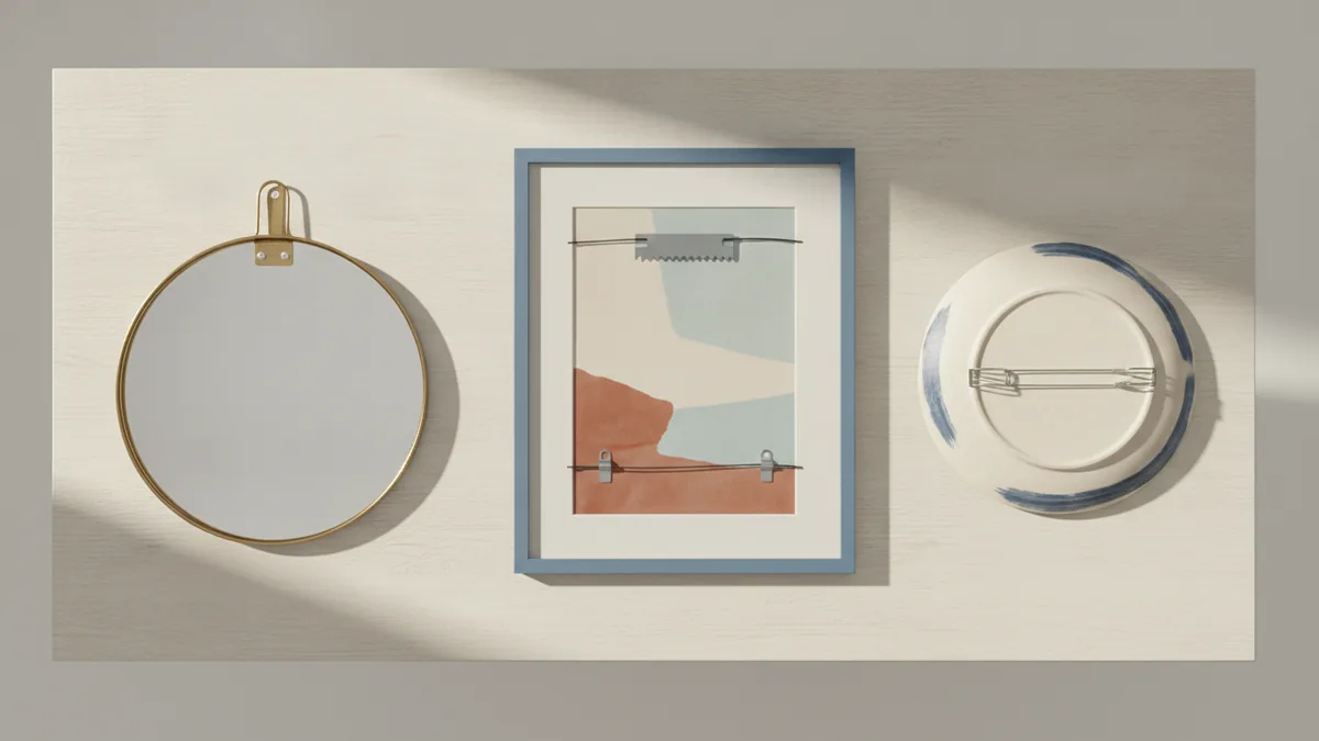 Match the mount to the item Framed art, a mirror, and a decorative plate with hanging hardware visible